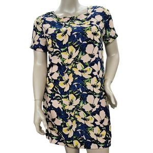 J Crew Shift Dress Women's Size 14 Blue Multicolor Floral Short Sleeve Lined